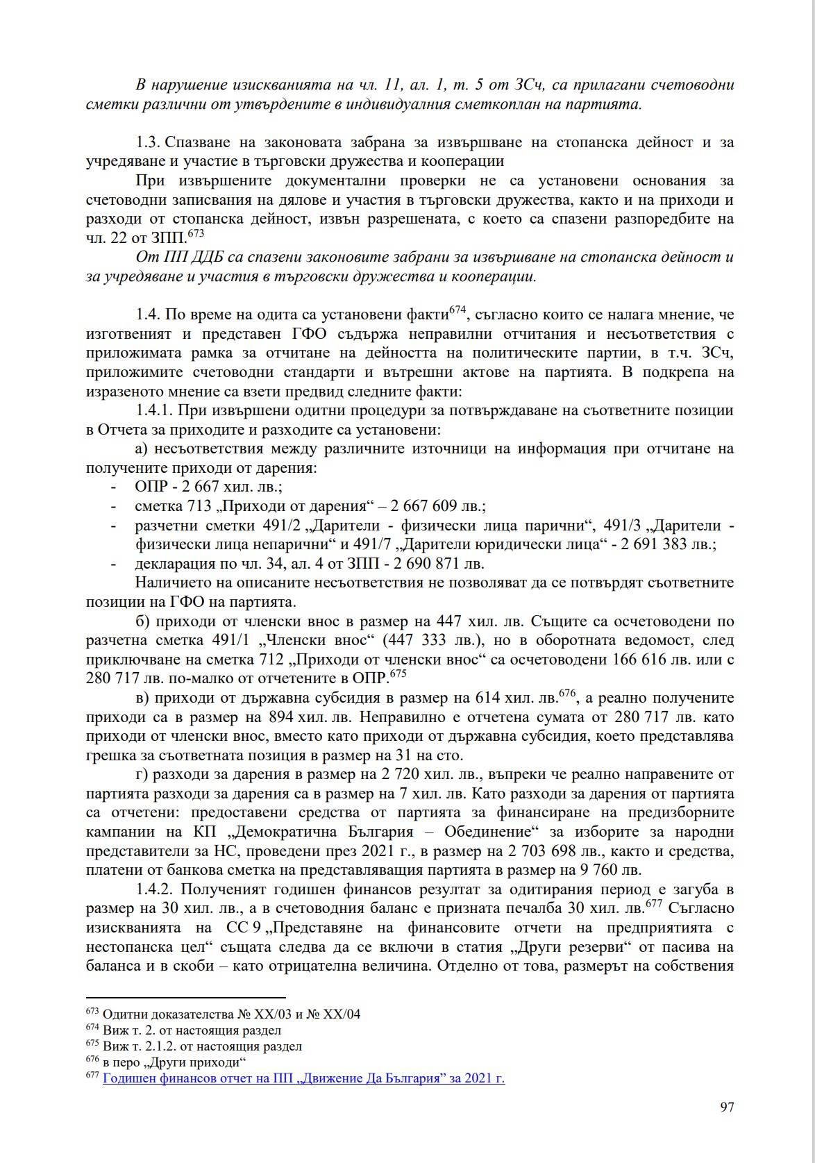 Част от доклада на Сметната палата относно нарушенията в отчетите на Да, България